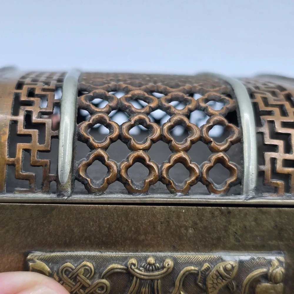 Antique Chinese Brass Jewelry Trinket Box Hinged Vtg Unique